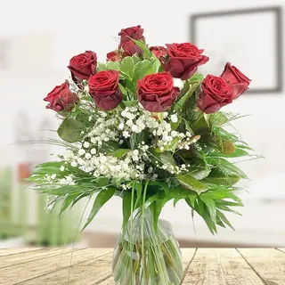 Roter Rosenstrauß - Blumenstrauß mit 10 roten XXL Rosen und Schleierkraut - Inklusive gratis Grußkarte