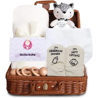 Tbintul Neugeborenen Geschenk, 7-in-1 Babygeschenk New Born Baby Gifts, Baby-Geschenkset für Neugeborene mit Geschenkkorb, Decke, Lätzchen, Beruhigungstuch, Socken, Holz-Beißring, Grußkarte