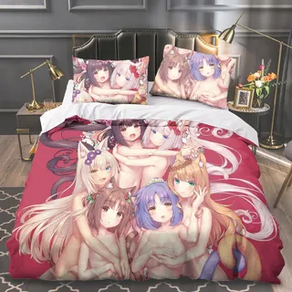 Anjinguang Nekopara Anime 3-teiliges Bettwäsche-Set, Chocola/Vanille, 3D-Einzelbett/Doppelbett/King-Size-Bettbezug, superweich, 3-teilig, mit Kissenbezug, für Jungen, Mädchen, Erwachsene, Schlafzimmer