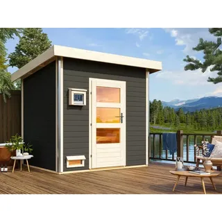 Sauna Gartensauna Außensauna Outdoorsauna Holz Outdoor Garten grau Fronteinstieg