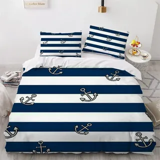 WQIZXCW Anker Bettwäsche 155x200 2er Set, Maritime Gestreift Microfaser Bettbezug - Weich & Angenehm & Atmungsaktiv, 1 Bettbezüge mit Reißverschluss + 1 Kissenbezug 80x80 cm