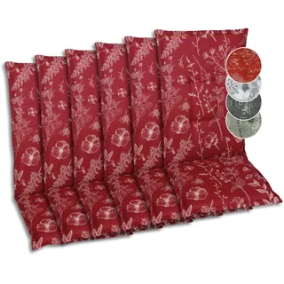GO-DE Textil Bequeme und attraktive Polsterauflagen für Hochlehner-Gartenstühle (6er-Set, Design: Floral Rot)