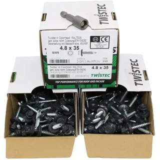 Twistec Blechschraube Trapezblechschrauben 4,8x35 mm RAL7016, 300 Stk. inkl. SW8+, (Inklusive Steckschlüssel (SW8), Integrierte EPDM-Dichtung, Selbstbohrende Spitze grau