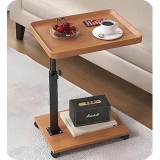 kiss me C Shaped Side Table, Height Adjustable Side Table 360°Swivel Couch Table with Wheels,Modern Small Coffee C Table End Table for Living Room Bedroom Balcony Patio (Wood color 40 * 30 * 45~80cm)
