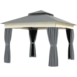 Outsunny Pavillon mit Doppeldach, 3x3 m Wasserabweisend Stabil Winterfest Gartenpavillon mit Moskitonetz, Seitenteile, Garten-Pavillon aus Metall, für Garten, Terrasse, Dunkelgrau   Aosom