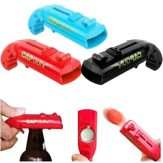 3x Flaschenöffner Pistole Cap Gun Kronkorken Shooter mit Auffangfach, H0724 - Rot/Blau/Schwarz