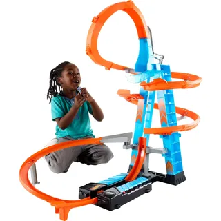 Hot Wheels - Himmelscrash-Turm, 60cm hoch mit batteriebetriebenem Beschleuniger und orangem Track mit Looping, Geschenk für Kinder von 5 bis 10 Jahren, Abweichungen in Verpackung vorbehalten, GWT39