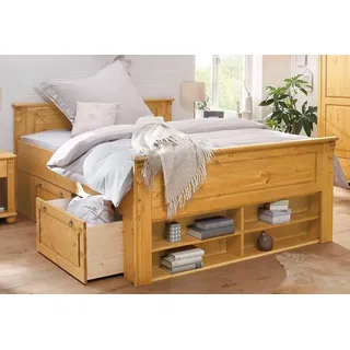 OTTO home Massivholzbett Tessin, Stauraumbett, Landhausstil, Schubladen optional, rustikal (Breite/Belastbarkeit 180cm/220 KG, 140cm/180 KG), zertifizierte Kiefer, Kassetten-Optik, stabile Qualität beige 152 cm x 207 cm x 85 cm