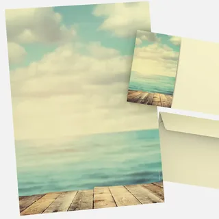 Briefpapier Ocean View DIN A4 100 Blatt mit 100 DIN LANG Umschlägen – maritimes Motivpapier Set mit Meer & Holzsteg