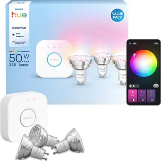 Philips Hue Essential Starter Kit Bridge + 3 GU10 smarte Lampen RGB