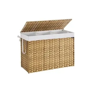 Songmics Wäschekorb aus synthetischem Rattan mit 3 Fächern naturfarben
