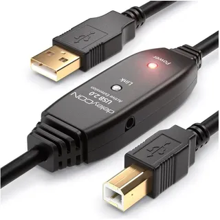deleyCON 10m Aktives USB Druckerkabel Scannerkabel Datenkabel USB 2.0 A-Stecker zu B-Stecker für Drucker Scanner Fax Multifunktionsdrucker Printer - Schwarz