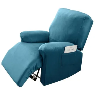 Qelus Sesselhusse Sesselschoner für Fernsehsessel,Samt Strecken Relaxsessel Sesselbezug, Elastisch,mit Taschen,Stretch Sesselbezug für Kinder, Haustiere blau