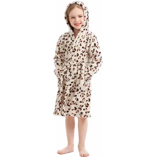 XINNE Unisex Kinder Mädchen Jungen Kapuzen-Bademantel Weiche Tier Schlafanzug Morgenmantel Nachtwäsche Pajamas Größe 140 Braun Leopard - 5-6 Jahre