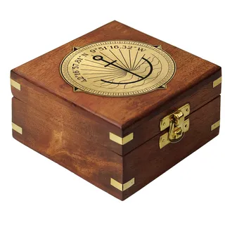 Casa Vivente Sonnenuhr-Kompass aus Messing mit eleganter Holzbox und individueller Geokoordinaten-Gravur, Nautische Geschenkidee