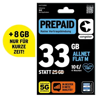 congstar Prepaid Allnet M: 33 statt 25 GB Datenvolumen & Flatrate für Telefonie und SMS, 5G-Speed, EU-Roaming