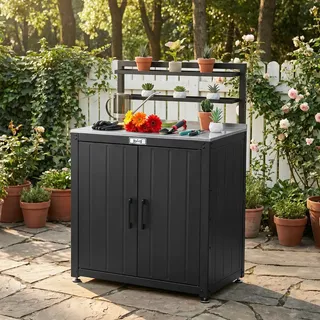 Gartenschrank wetterfest mit Edelstahl-Arbeitsplatte, 2 verstellbare Regalböden