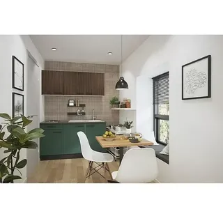 Optifit Verona405 Singleküche Typ 1  (Breite: 150 cm, Steingrün/Rillendekor Nussbaum, Mit Elektrogeräten)