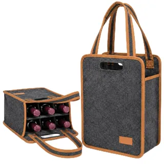Flaschenträger 6 Flaschen Filz Flaschentasche mit 6 Fächern faltbar grau | Für 750 ml Weinflaschen sowie viele Champagnerflaschen, ideal für Weinliebhaber, Picknick, Feiern, Weihnachten und Geschenke