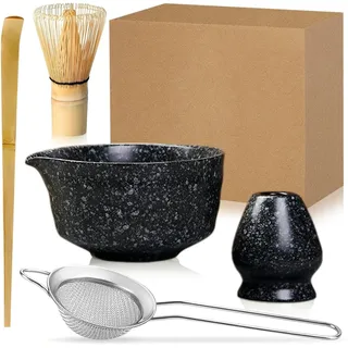 Duscdesp 5 Stück Matcha Set, Bambus Matcha Besen, Keramik Matcha Schale mit Ausgießer, Matcha Whisk, Schaufel, Sieb, Matcha Tee Set Ohne Pulver, Ceremonial Matcha Starter Set (Schwarz Weiß Punkten)