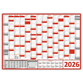 LYSCO Wandkalender Wandplaner DIN A0 / DIN A1 2026 (rot), Formate: DIN A0 (841 x 1189 mm) / DIN A1 (594 x 841 mm) Darstellung 14 Monate mit Jahresvorschau Folgejahr, und Ferientermine / Feiertage aller Bundesländer rot