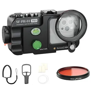 Seafrogs SF-PH-01 Pro Unterwassergehäuse mit rotem Filter, wasserdichtes Handygehäuse für iPhone 15/14/13/12 Samsung Galaxy, 68x68mm Objektivfenster, 175x85mm Innenraum