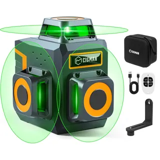 CIGMAN Kreuzlinienlaser Grün 3 x 360 Grad Laser Wasserwaage Nivellierlaser mit wiederaufladbarer Lithiumbatterie und Fernbedienung, einstellbare Helligkeit zum Energiesparen, CM701SE