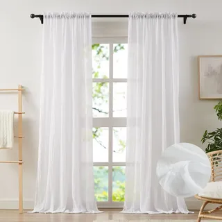 Anpark Elegante transparente Vorhänge, Weiß, aus strukturiertem Baumwoll-Leinen, lichtdurchlässig, gekräuselte Voile-Struktur, Stangentasche, Wohnzimmer, Schlafzimmer, 2 Paneele, 132 x 213 cm (B x L)