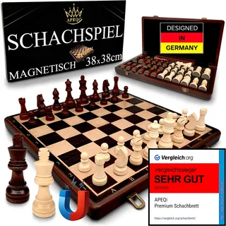 APEQi® Premium Schach MAGNETISCH - Schachspiel Holz HOCHWERTIG - [38x38cm], Massivholz, 2 EXTRA-Damen, Geschenkidee - Schachbrett Holz hochwertig - Chess Board 34 Schachfiguren Reiseschach magnetisch