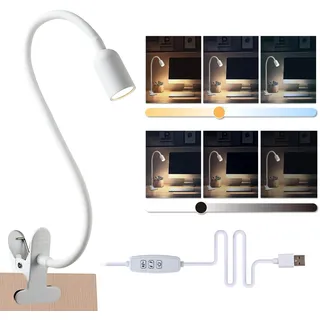 da LIGHT Leselampe Bett Klemme, LED Schreibtischlampe Klemmbar mit 3 Farbtemperaturen, Dimmbare Klemmlampe Bett, USB Tischlampe mit Kabel Weiß für Studieren Lesen Arbeiten