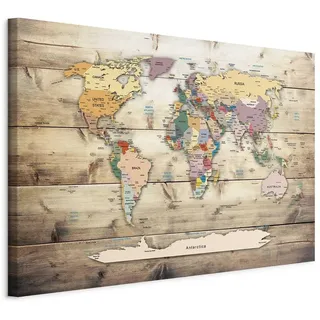 murando - Weltkarte Pinnwand & Leinwandbild 90x60 cm - 1 Teilig - Kunstdruck modern Wandbilder XXL Wanddekoration Design Wand Bild - Kontinent Karte Reise Geographie Holz Bretter