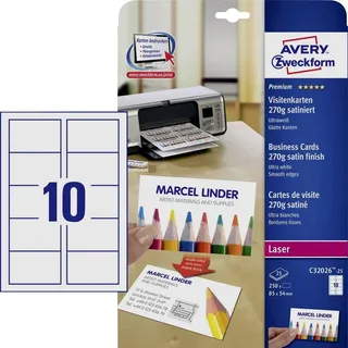 Avery Zweckform Visitenkarten C32026-25 satiniert weiß 270 g/qm