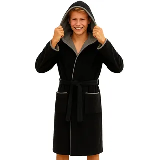 Morgenstern Bademantel mit Kapuze Kinder & Teenager Jungen Mädchen 100% Baumwolle Frottee OEKO-TEX® Kinderbademantel Morgenmantel 11-12 Jahre, Größe: 146-152, Schwarz - 146-152