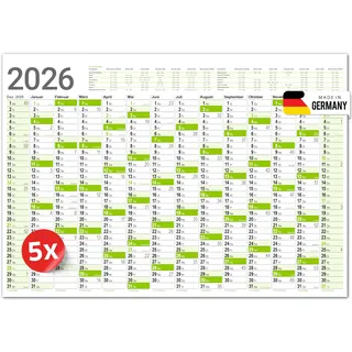 PRIMUS PRINT XXL Kalender 2026 – Plakatkalender 2026 – Wandkalender in Postergröße A1 (594x841 mm), Jahresplaner für 2026, Wandplaner in Blau oder Grün – Gerollt [ 5er Set-Grün ]