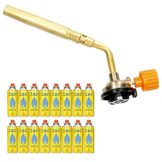 Z.M.C ALLZWECKBRENNER Gasbrenner 1,65 kW + 16x Gaskartuschen 227g, Lötbrenner bis zu 1371 °C, Schweißbrenner Bunsenbrenner mit einstellbarer Flamme, Abflammgerät Lötlampe ideal für Werkstatt