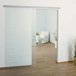 BIJON Glasschiebetür Komplettset aus 8mm ESG Glas, Glastür Schiebetür mit Muschelgriff und 15mm Wandabstand, Teilsatiniert - SO5 DIN Links - 900x2050 mm