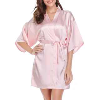 Vlazom Kimono Robe Damen Morgenmantel Kurzer Satin Bademantel Mit Gürtel V-Ausschnitt Kimono(L,Hellrosa) - L