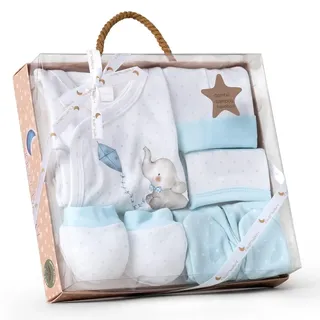 Baby Geschenkset 5 Stücke Für Neugeboren 0-6 Monate - Modell: "Elefantito", blau