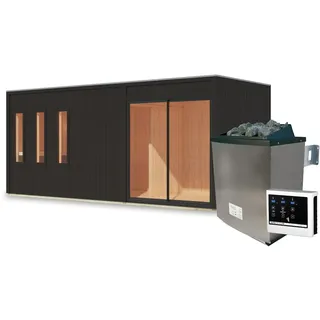 Karibu Design Saunahaus Monterey Blackline - 73 mm schwarz Ohne Terrasse 9 kW Ofen inkl. Steuergerät inkl. 10-teiligem gratis Saunaset im Wert von 232,94 €