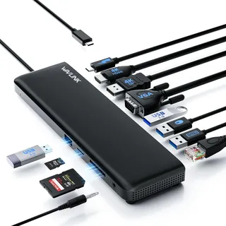 WAVLINK USB-C-Dockingstation 3 Monitore, Dockingstation mit HDMI, DP, VGA, 100W PD, USB3.0&2.0, RJ45, SD/TF-Schlitze, Audio/Mikrofon, für Lenovo/HP/Dell usw.-Schwarz