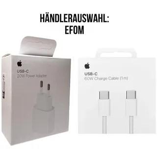 Apple 20W USB-C Power Adapter+ Apple 1m 60W USB-C Ladekabel Ladegerät iPhone 16 15Pro Max Macbook iPad - Weiß
