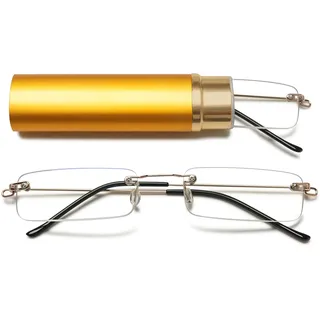 Lanomi Mini rahmenlose Lesebrille Blaulichtfilter Schmal Damen Herren Ultraleichte Rechteck Randlos Lesehilfe Klein Brille mit MetallEtui Gold 4.0 - S