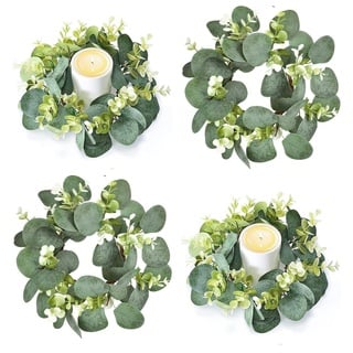 4 Stück Kerzenringe, künstliche Eukalyptusblätter Kerzenkränze für Säulen, kleine Greenery Kerze Kranz für Hochzeit Mittelstücke Home Party Tischdekoration (Eleganter Stil)