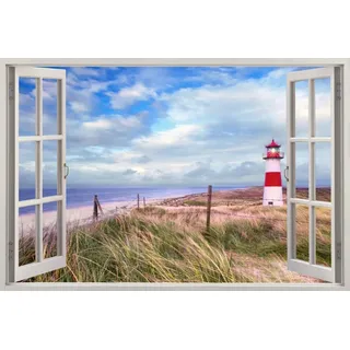 HUBDECO - Wandtattoo - Wanddeko - Selbstklebende Folie - Wandsticker - Fototapete 3d Effekt - Selbstklebende Tapete - Fenster & Meer Motiv - Meer Leuchtturm - 90x60cm