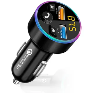 Auto FM Transmitter Bluetooth 5.0 Adapter 66W, Kfz Audioadapter mit Dual USB Schnellladegerät, LED-Voltanzeige, Freisprechen, MP3/USB-Stick, Navigation, 12V/24V kompatibel, Stabiler Empfang