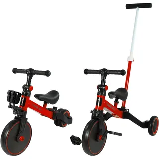 Lemodo Dreirad rot mit Schiebestange, höhenverstellbares Laufrad, 3in1 Kinderfahrzeug bis 5 Jahre