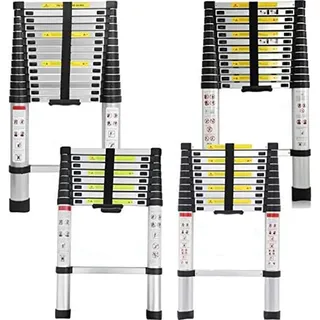 Teleskopleiter 2,6M/3,2M/3,8M/4,4M Rutschfester Aluleiter Schiebeleiter Sprossenleiter, aus hochwertigem Aluminium, Ausziehleiter Teleskop-Design Mehrzweckleiter max 150 kg Belastbarkeit Silber
