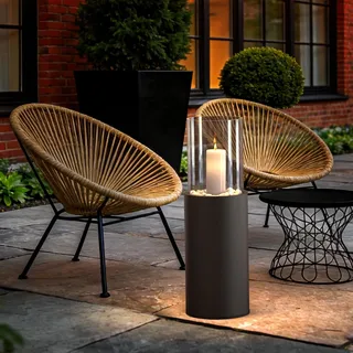2 IN 1 Standkamin 81CM Windlicht säule Großer Windlichter Glas Kerzenständer Rund Feuersäule Outdoor Tischfeuer Indoor mit Dekosteinen und Regenschutz für Garten, Balkon, Wohnzimmer (Schwarz)