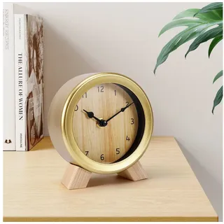 BlingBin Standuhr Analoger Wecker, runde leise Tischuhr aus Holz und Metall (1 Stück, 1-St., 12.5*5.2*14cm), Deko Tisch Uhr Ohne Ticken für Schlafzimmer Büro Wohn und Kaffeeraum goldfarben