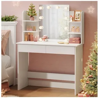 Woltu Schminktisch (1-St), Weiß, mit LED-Beleuchtung Hollywood, mit Spiegel weiß